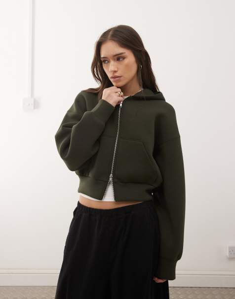 Sudadera verde oscuro con capucha y cremallera de tejido efecto neopreno Danni de Weekday - view 1