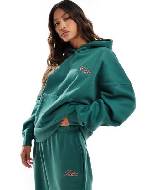 Sudadera verde oscuro extragrande con capucha y logo rosa de Kaiia (parte de un conjunto) - view 1