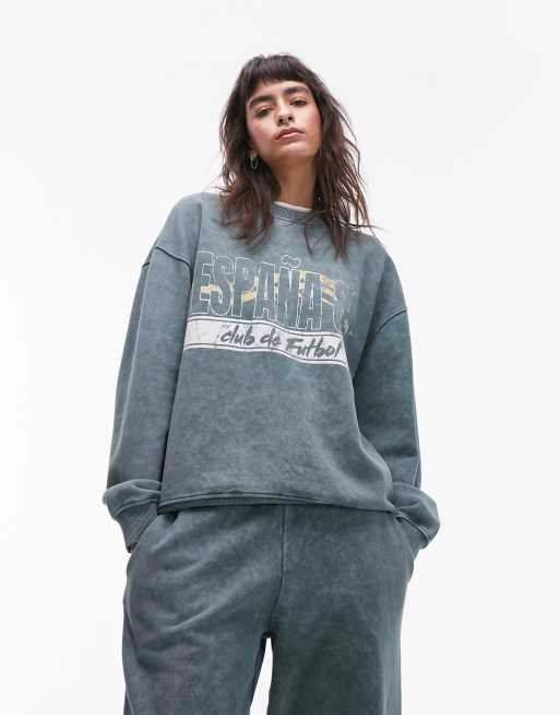 Sudadera verde oscuro extragrande con lavado envejecido y estampado gráfico 