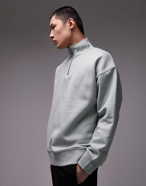 Sudadera verde salvia extragrande con media cremallera de tejido grueso premium de Topman