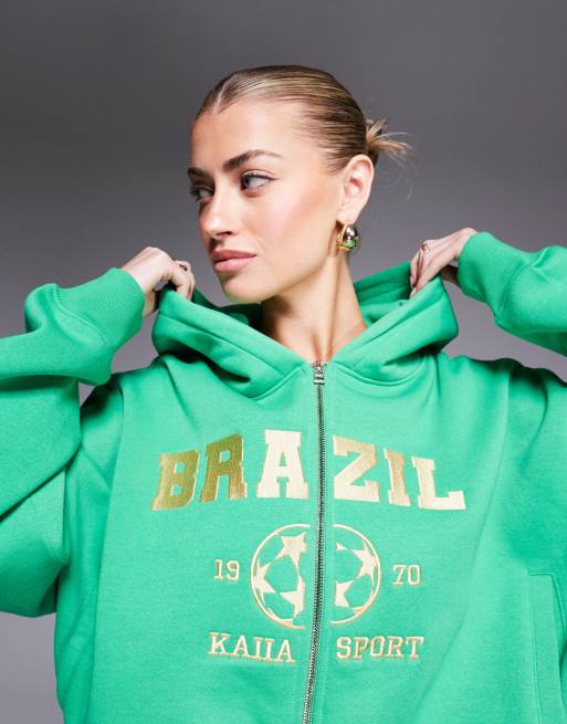 Sudadera verde y amarilla con capucha, cremallera y estampado 