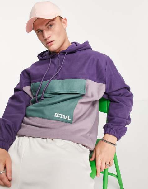 Sudadera violeta extragrande con capucha, cremallera corta, diseño color block y logo estampado de ASOS Actual - view 1