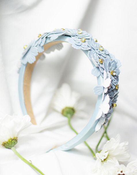 Sugar + Style Baby Blue Flower Embellished Headband with Gems
