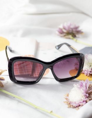 Sugar + Style Black Oversized Chunky Cat Eye Angular Sunglasses