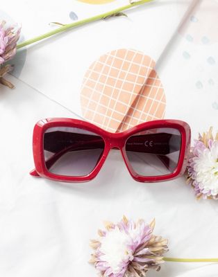 Sugar + Style Red Oversized Chunky Cat Eye Angular Sunglasses