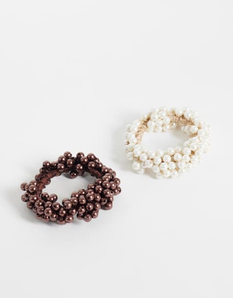 Sui Ava 2-pack klassiska elastiska hårsnoddar med pärleffekt i brunt och vitt - view 1