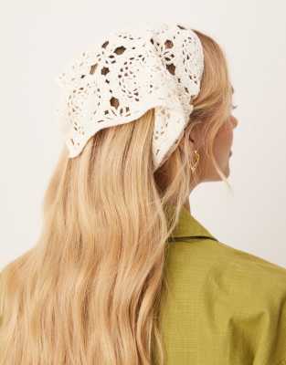 Sui Ava Bohemian Floral Crochet Headscarf In White