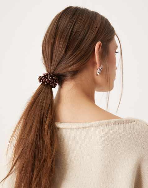 Sui Ava classic pearl elastic hair scrunchie in brown - view 1