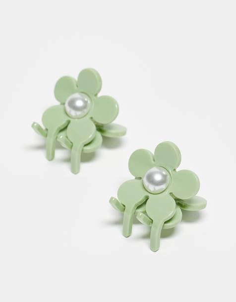 Sui Ava – Eva – Gröna, små hårklämmor med blomdesign och pärlor - view 1