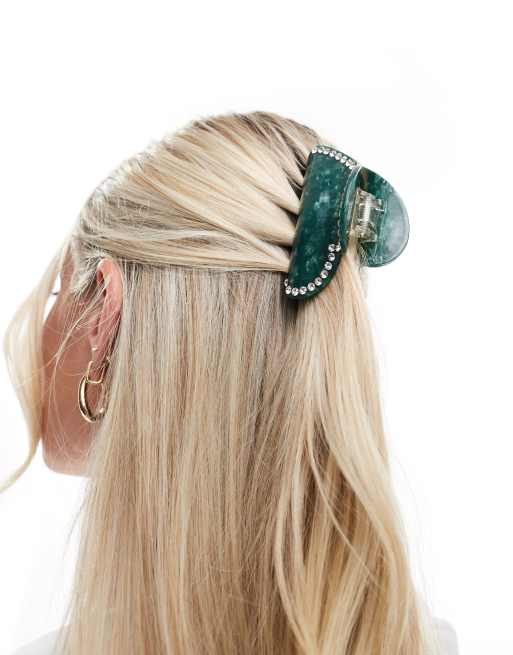 Sui Ava - Fermaglio per capelli verde effetto marmo a forma di cuore con cristalli