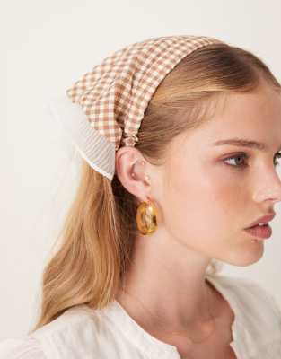 gingham head scarf headband in beige-Neutral