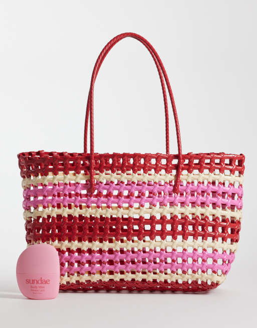 Sui Ava kaya woven big tote bag in red and pink stripe, 2 of 4