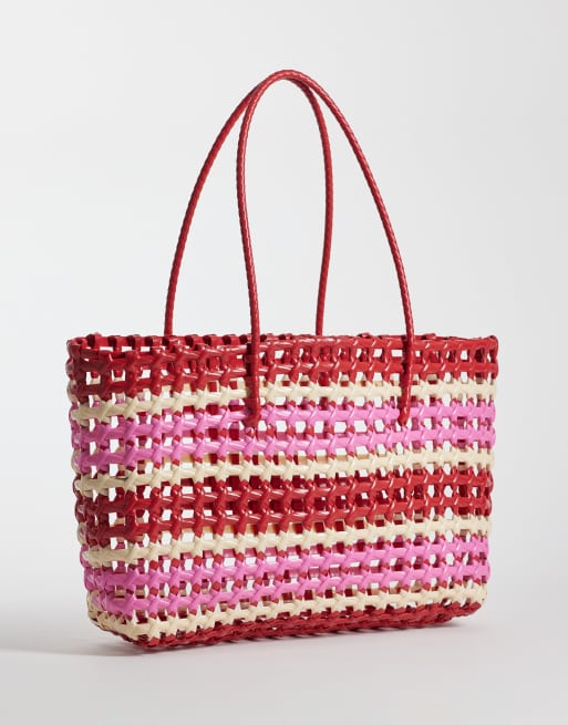 Sui Ava kaya woven big tote bag in red and pink stripe, 3 of 4