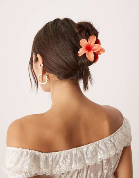 Sui Ava - Orange stor hårklemme med plumeria-blomsterdesign - view 1