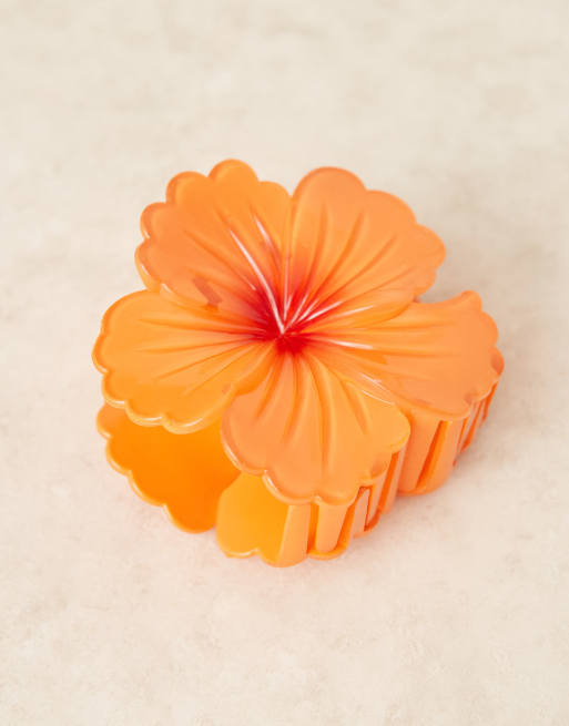 Sui Ava - Orange stor hårklo med Hawaii-blomsterdesign, 2 af 3
