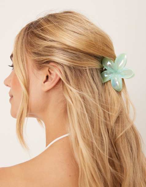 Sui Ava Plumeria metallic flower hair claw in green - view 1