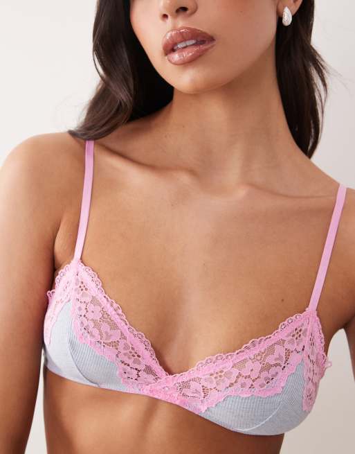 Sujetador a rayas lilas triangular de canalé con ribete de encaje rosas Carmen de ASOS DESIGN, 2 de 4