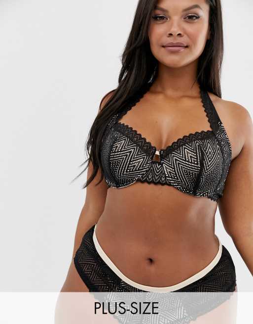 Sujetador color rubor de encaje con cuello halter y capa inferior negra de Simply Be