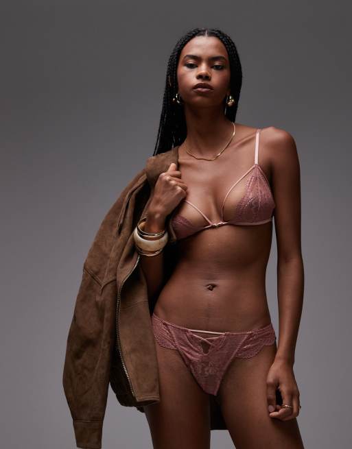 Sujetador color visón triangular con diseño de tirantes de encaje