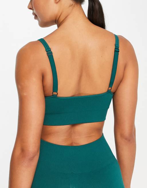 Sujetador deportivo verde básico sin costuras de canalé de HIIT, 2 de 4