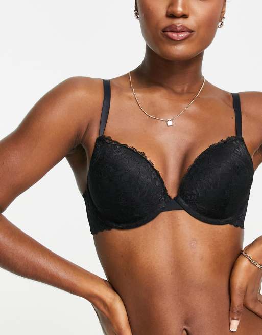 Sujetador negro escotado efecto push-up de encaje Linnea de Lindex