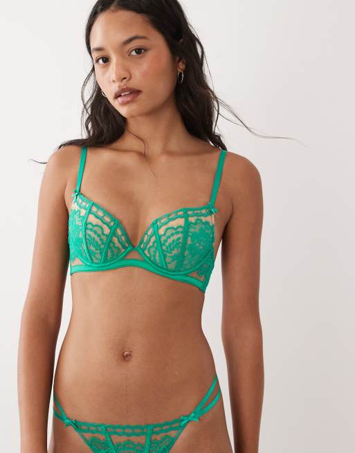 Ann Summers - Caged Lace - Conjunto verde de braguitas y sujetador escotado con relleno, 2 de 3