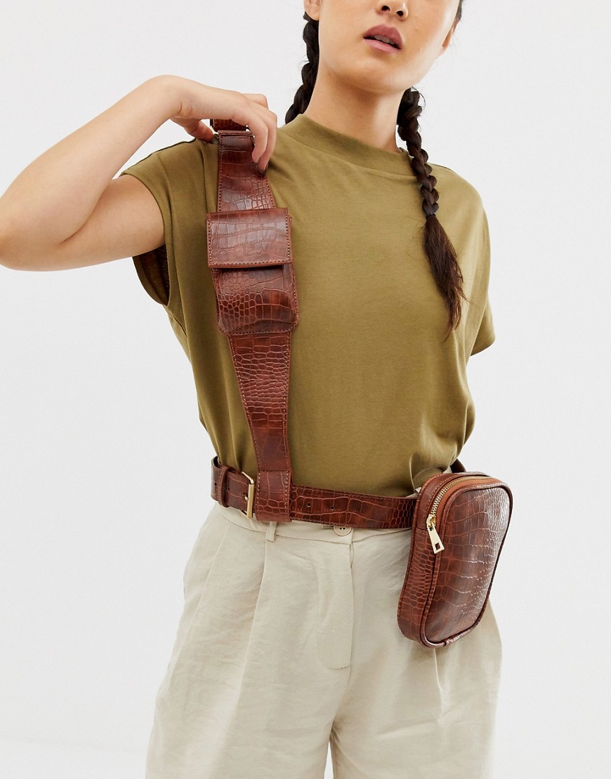 фото Сумка-кошелек в стиле милитари с ремешком через плечо и крокодиловым узором asos design-светло-коричневый