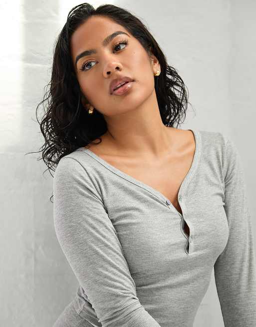 Sunde modal ribbed long sleeve basic top in grey
