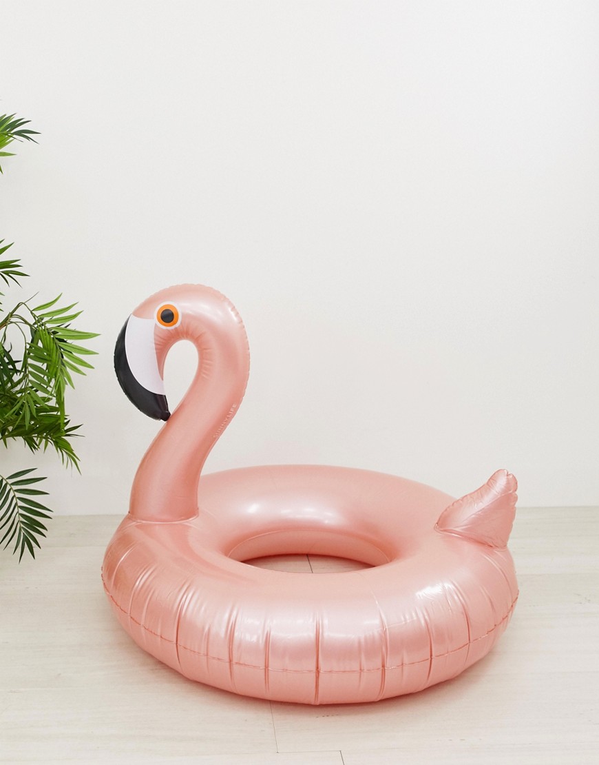 Sunnylife – Guldrosa flamingoformad badring-Flerfärgad