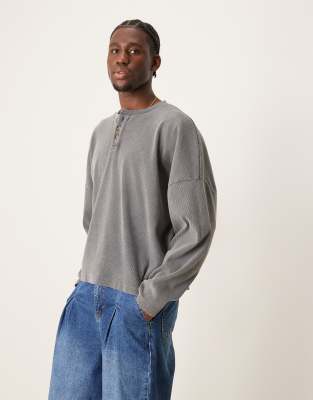 Asos Design Super Os Cropped Washed Rib Henley-gray