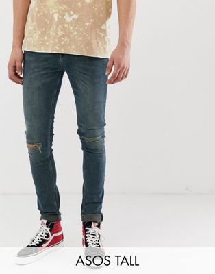 Super-skinny jeans i grønt look med flænger på knæ fra ASOS DESIGN Tall-Blå