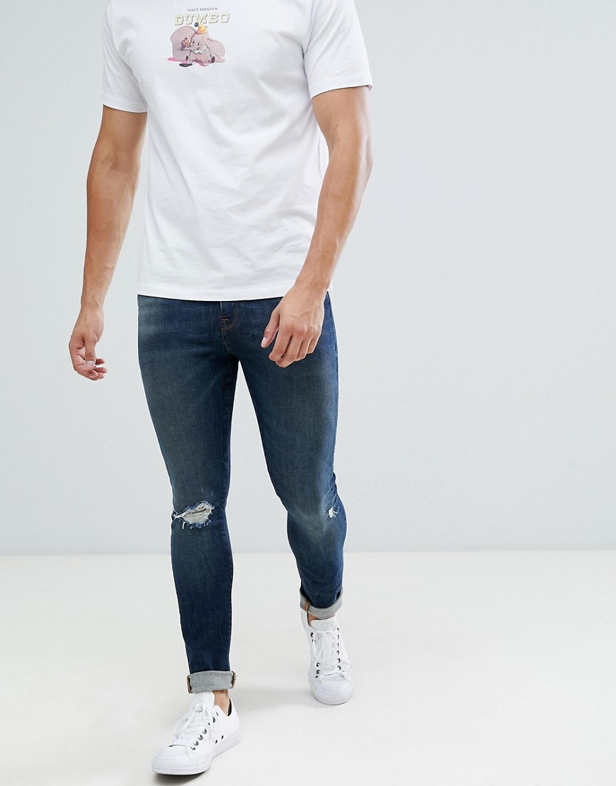Super-skinny mørkvaskede jeans med knæhul 12.5 oz fra ASOS DESIGN-Blå