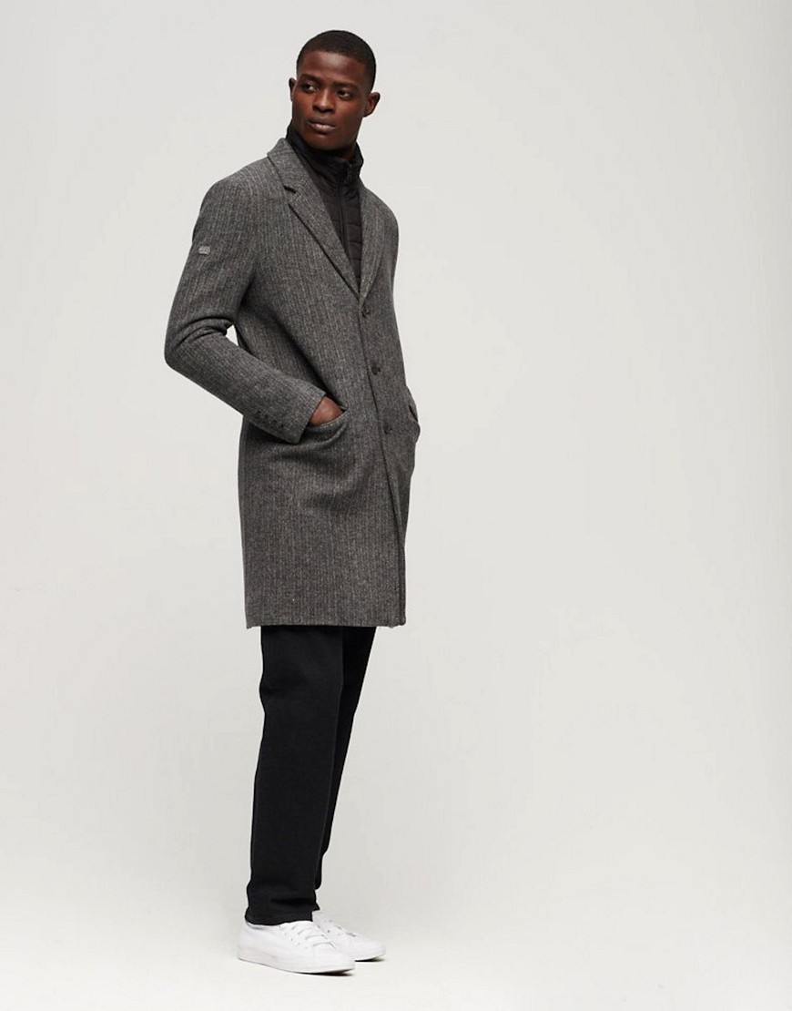Superdry 2 in 1 wool overcoat in grey herringbone