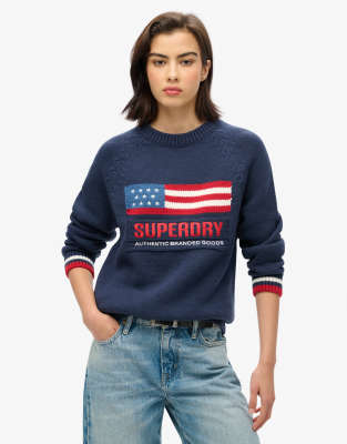 Superdry - Americana - Strickpullover in Eclipse-Marineblau mit Rundhalsausschnitt