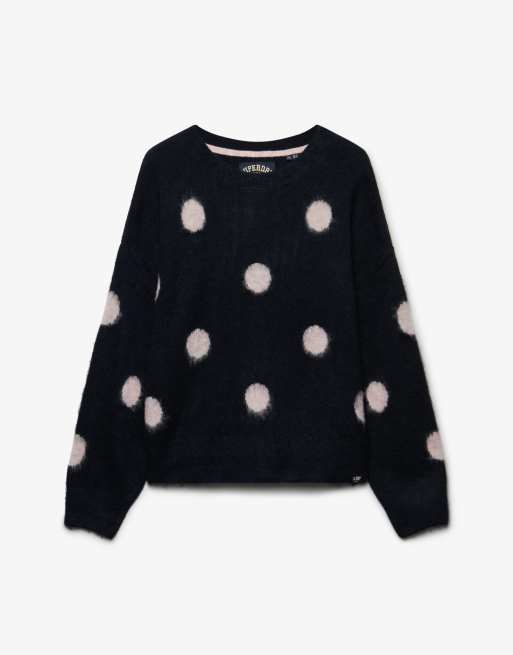 Superdry angerauter gepunkteter Pullover in Marineblau/Hellrosa, 6 von 6