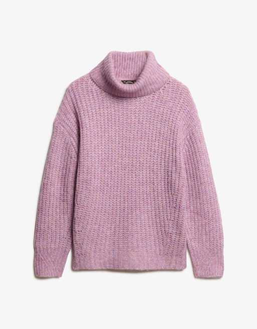 Superdry – Angerauter Rippstrick-Pullover in meliertem Flieder-Rosa mit weitem Rollkragen, 5 von 5