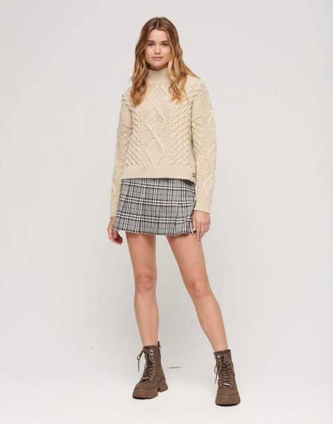 Superdry Aran cable knit polo jumper in ecru