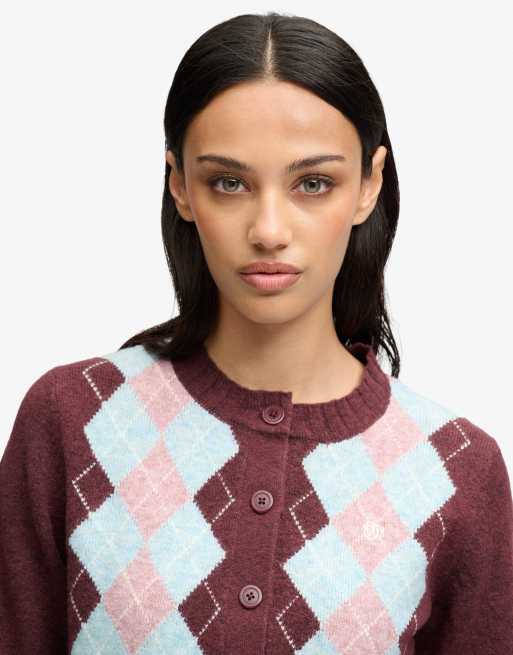 Superdry Argyle cardigan in aubergine purple, 3 of 4