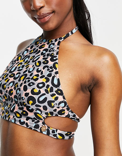 Superdry Aria halterneck bikini top in leopard