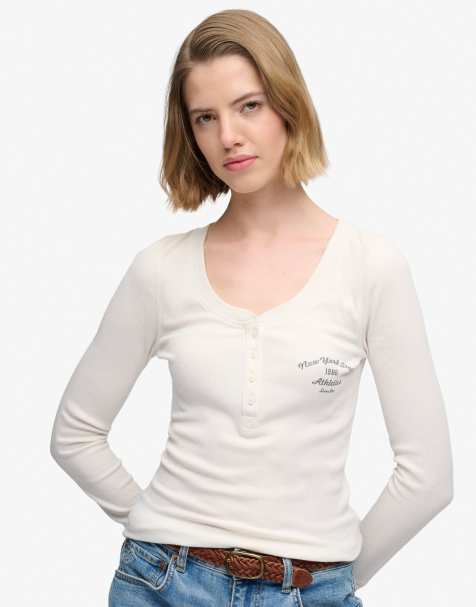 Superdry Athletic button down long sleeve top in desert bone off white - view 1
