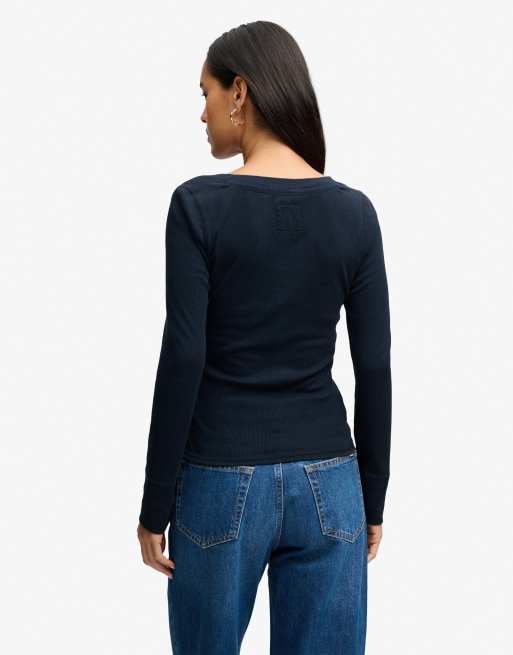 Superdry Athletic button down long sleeve top in eclipse navy, 2 of 6