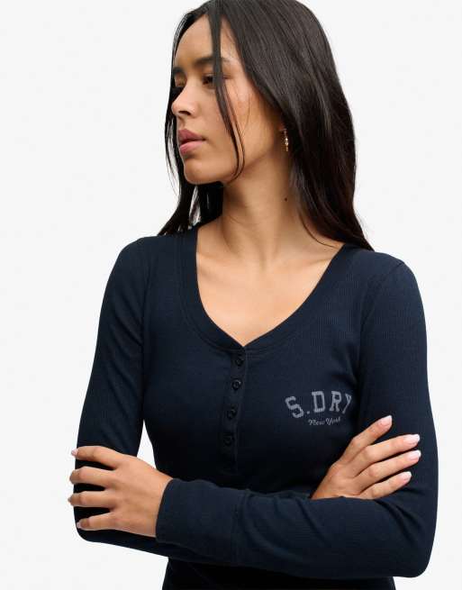 Superdry Athletic button down long sleeve top in eclipse navy, 3 of 6