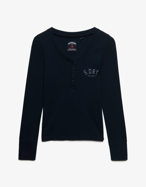 Superdry Athletic button down long sleeve top in eclipse navy, 6 of 6