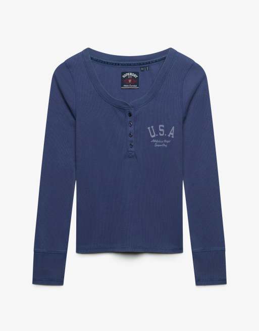 Superdry Athletic button down long sleeve top in mariner navy, 6 of 6