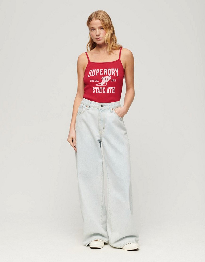 Superdry Athletic college graphic rib cami top in carmine red