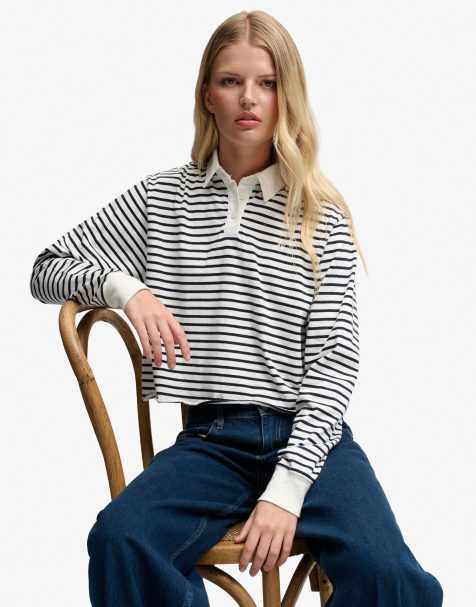 Superdry Athletic Essential cropped gestreiftes Rugby-Oberteil in Ecru-Streifen - view 1