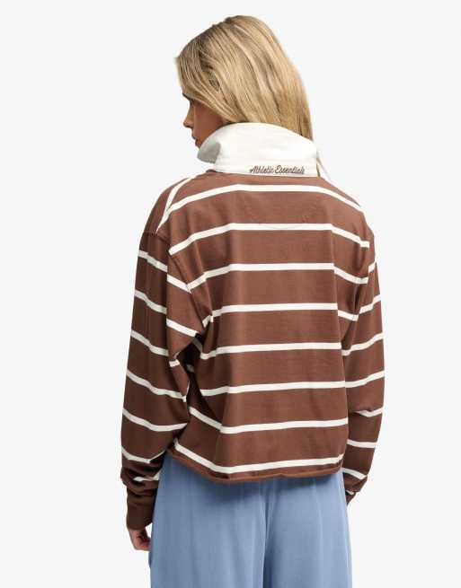 Superdry Athletic essential cropped stripe rugby top in chestnut brown/ecru stripe, 2 of 5