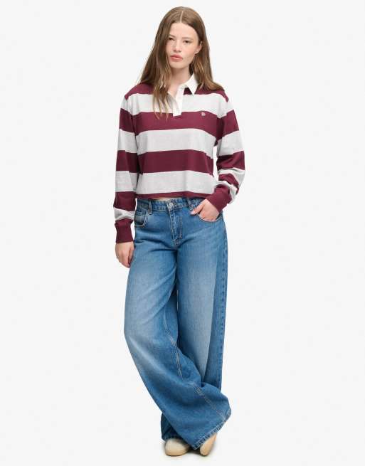 Superdry Athletic essential cropped stripe rugby top in glacier grey marl/port red str, 4 of 4