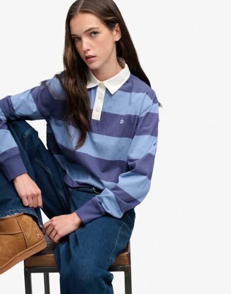 Superdry Athletic essential cropped stripe rugby top in mariner navy/tidal blue stripe - view 1