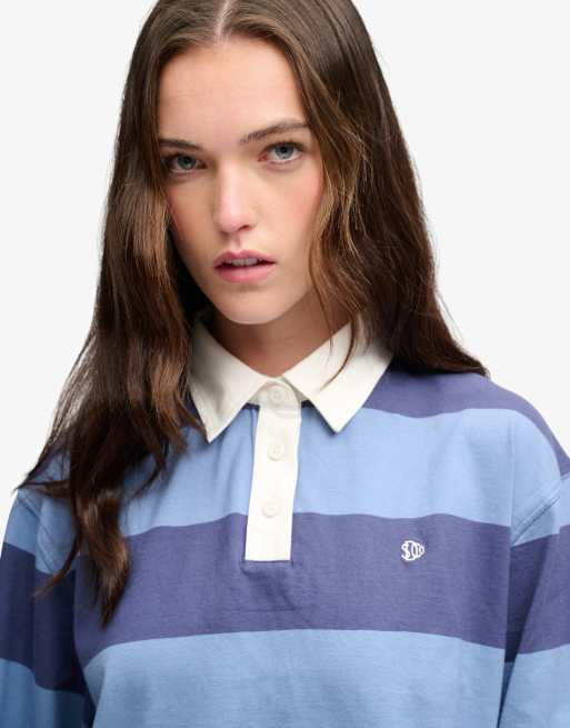 Superdry Athletic essential cropped stripe rugby top in mariner navy/tidal blue stripe, 3 of 4